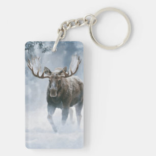 Bull Moose Walking Through Boreal Snow Key Ring