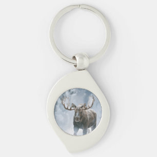Bull Moose Walking Through Boreal Snow Key Ring