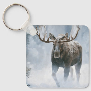 Bull Moose Walking Through Boreal Snow Key Ring