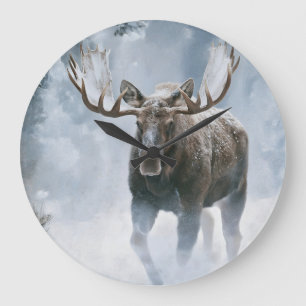 Bull Moose Walking Through Boreal Snow Large Clock