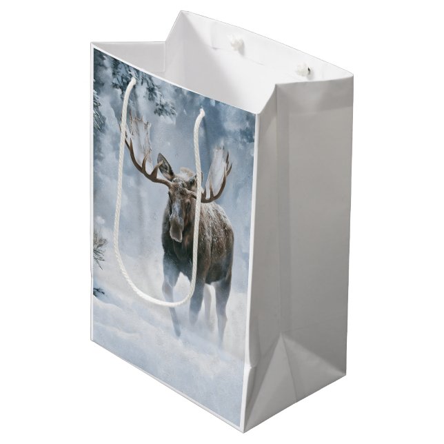Bull Moose Walking Through Boreal Snow Medium Gift Bag (Front Angled)