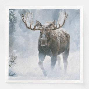Bull Moose Walking Through Boreal Snow Napkin