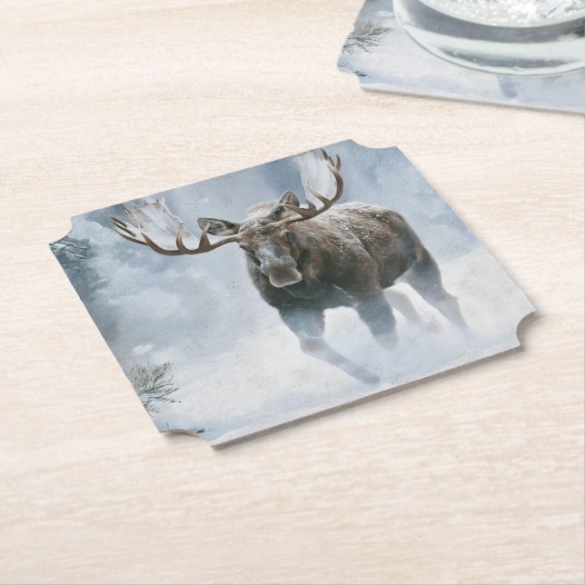 Bull Moose Walking Through Boreal Snow Paper Coaster (Angled)