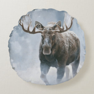 Bull Moose Walking Through Boreal Snow Round Cushion