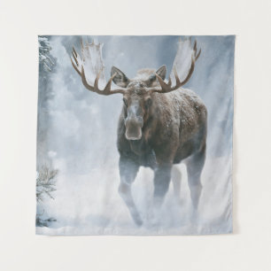 Bull Moose Walking Through Boreal Snow Tapestry