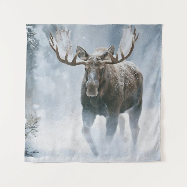 Bull Moose Walking Through Boreal Snow Tapestry (Front)