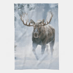 Bull Moose Walking Through Boreal Snow Tea Towel