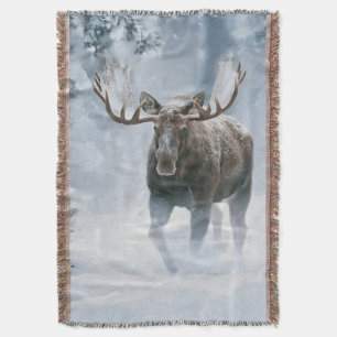 Bull Moose Walking Through Boreal Snow Throw Blanket