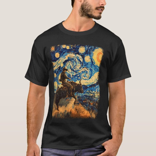 Bull Rider Bull Riding Cowboy Starry Night Paintin T-Shirt (Front)