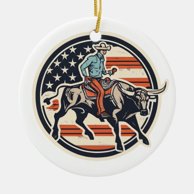 Bull Rider Cowboy Ceramic Tree Decoration (Front)