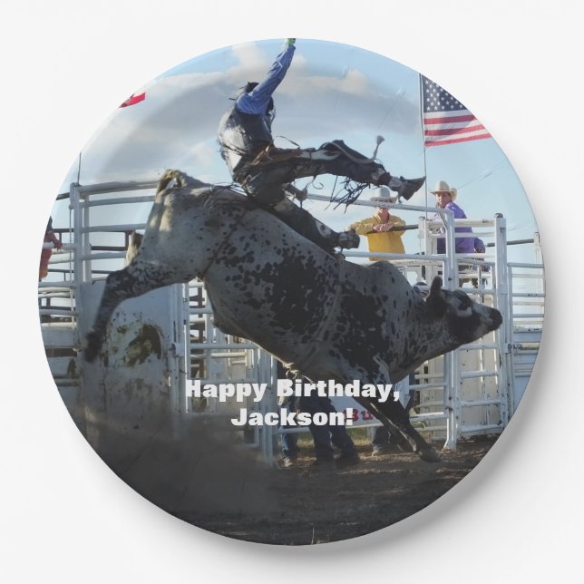 Bull Rider on Bucking Bull Rodeo Paper Plate (Front)