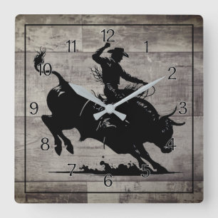 Bull Rider Rodeo Rustic Square Wall Clock