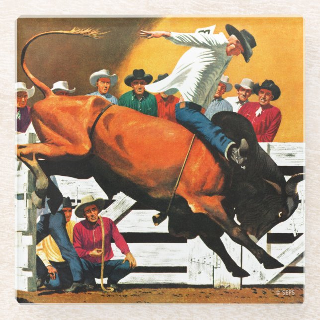 Bull Riding by Fred Ludekens Glass Coaster (Front)