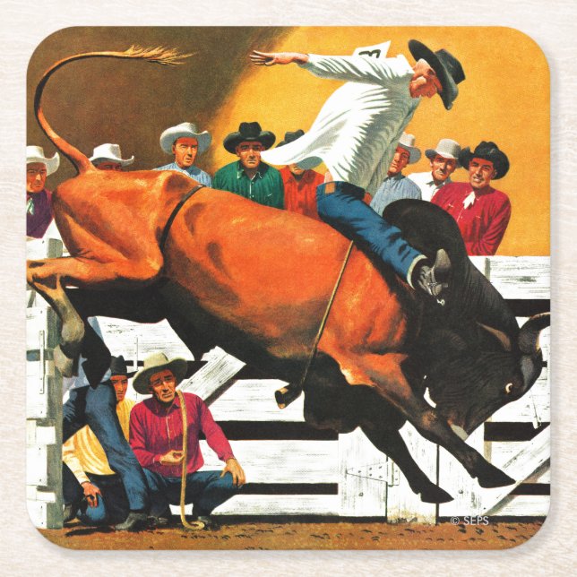 Bull Riding by Fred Ludekens Square Paper Coaster (Front)