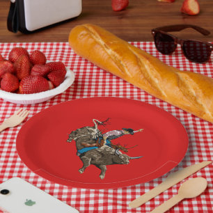 Bull riding cowboy paper plate