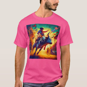 Bull Riding Cowboy Rodeo Western Art T-Shirt