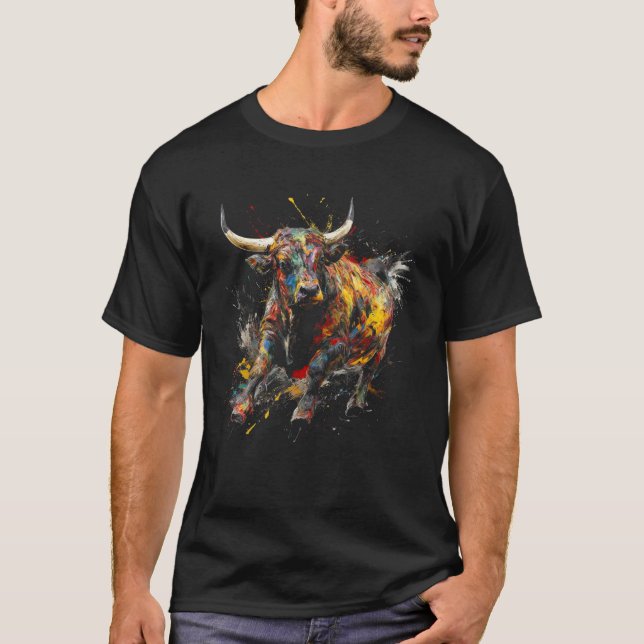 Bull Riding Rodeo Cool Abstract Drip Painting Art T-Shirt (Front)