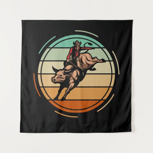 Bull Riding Rodeo Rider Cowboy Western Vintage Tapestry (Front)