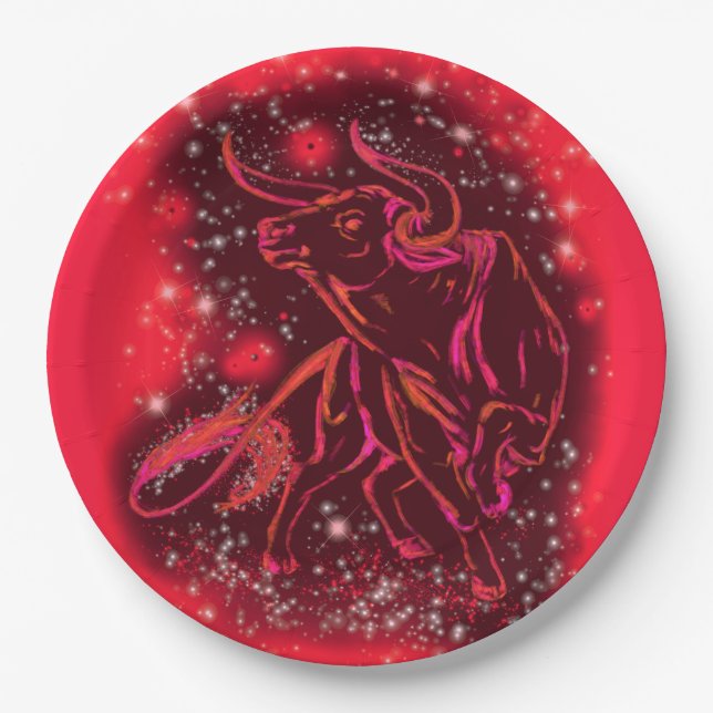 Bull Running In Red Starry Night Paper Plates (Front)