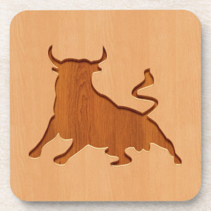 Bull silhouette engraved on wood design coaster