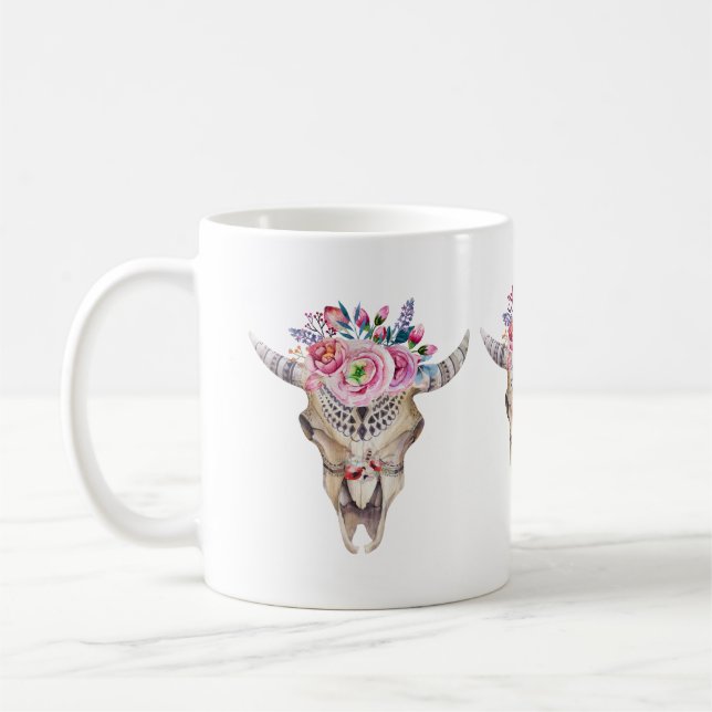 Bull Skull And Colourful Roses And Buds Coffee Mug (Left)