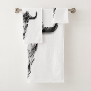 Bull Skull and Rose black and white Bath Towel Set