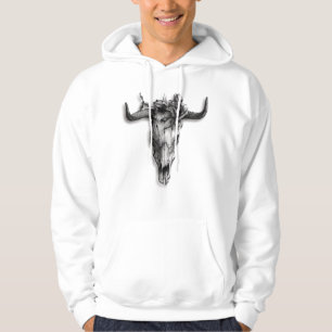 Bull Skull and Rose black and white Hoodie