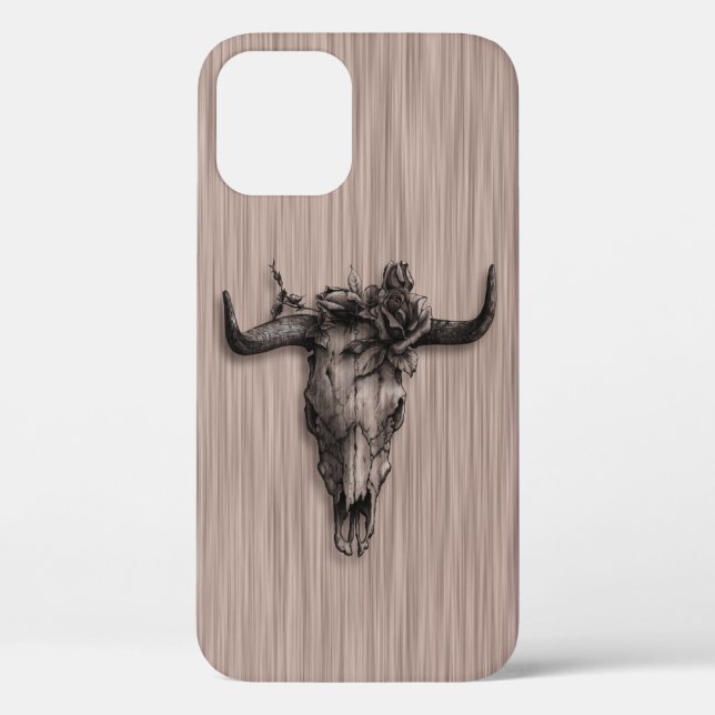 Bull Skull and Rose on Fibre patterned background Case-Mate iPhone Case (Back)