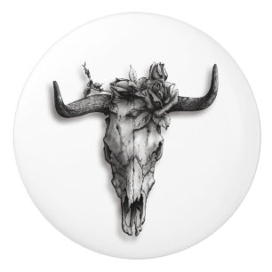 Bull Skull and Rose on White Ceramic Knob
