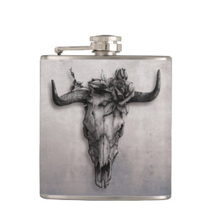 Bull Skull and Rose rustic Grey Hip Flask