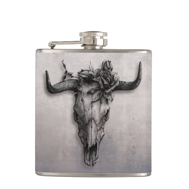 Bull Skull and Rose rustic Grey Hip Flask (Front)