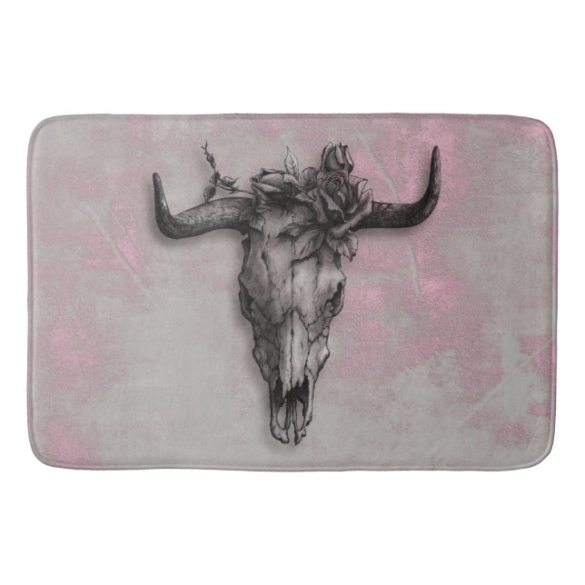 Bull Skull and Rose Rustic Pink Grey Bath Mat (Front)