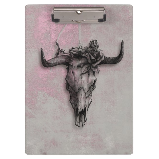 Bull Skull and Rose Rustic Pink Grey Clipboard (Front)