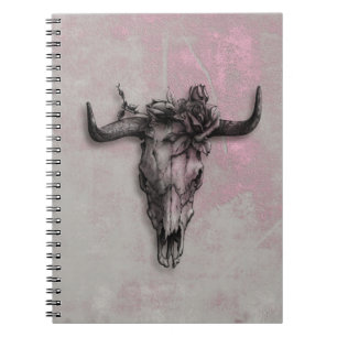 Bull Skull and Rose Rustic Pink Grey Notebook