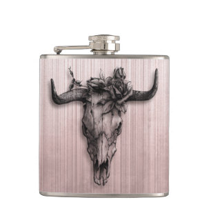 Bull Skull and Rose stripes Rose Gold Grey Hip Flask