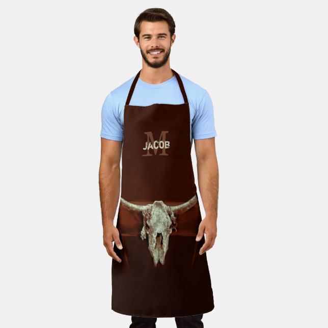 Bull Skull Brown Country Monogram Rustic Western Apron (Worn)