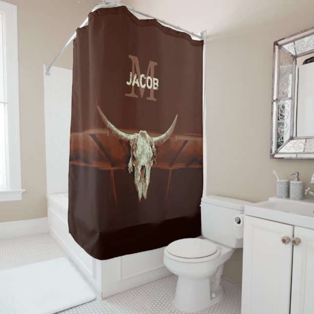 Bull Skull Brown Monogram Country Rustic Western Shower Curtain (In Situ)