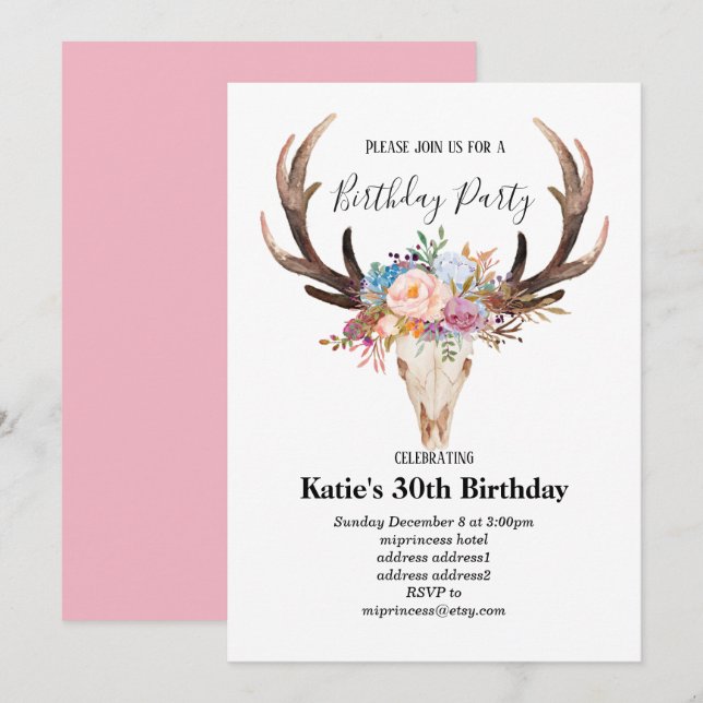 bull skull Flower, bohemian birthday Invitation (Front/Back)