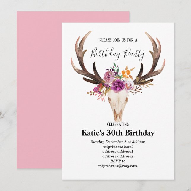 bull skull Flower, bohemian birthday Invitation (Front/Back)