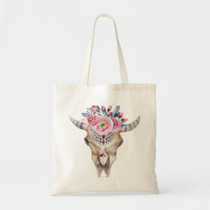 Bull Skull & Flowers Watercolor Illustration Tote Bag
