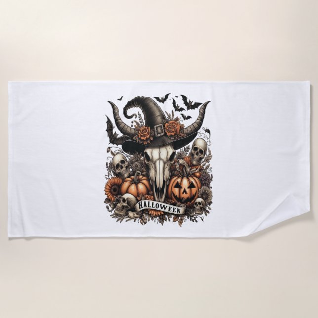 Bull Skull Halloween Cow Beach Towel (Front)