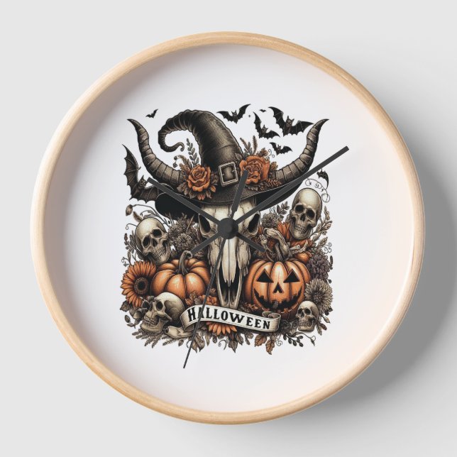 Bull Skull Halloween Cow Clock (Front)
