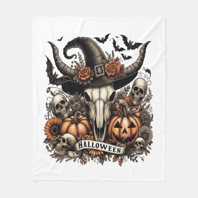 Bull Skull Halloween Cow Fleece Blanket (Front)