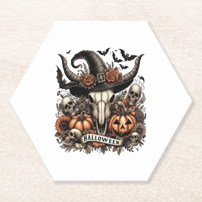 Bull Skull Halloween Cow Paper Coaster (Front)