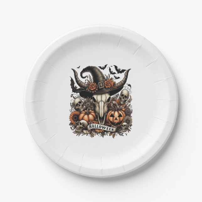 Bull Skull Halloween Cow Paper Plate (Front)
