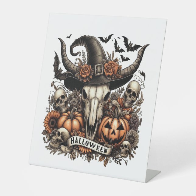 Bull Skull Halloween Cow Pedestal Sign (Front)