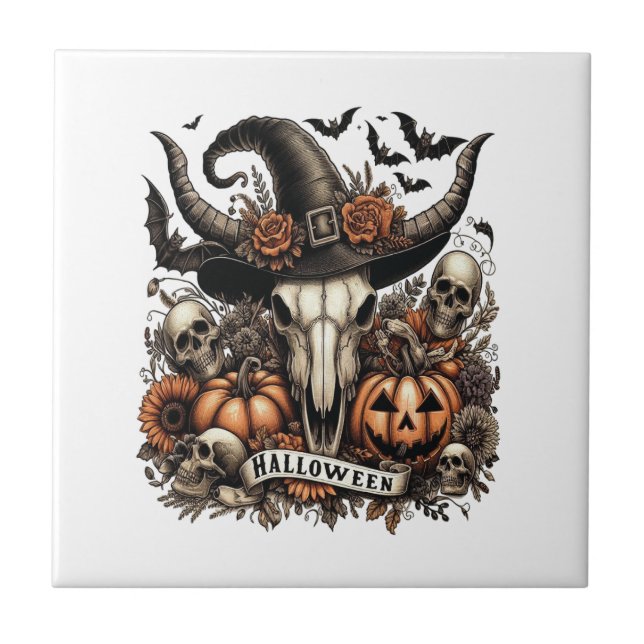 Bull Skull Halloween Cow Tile (Front)