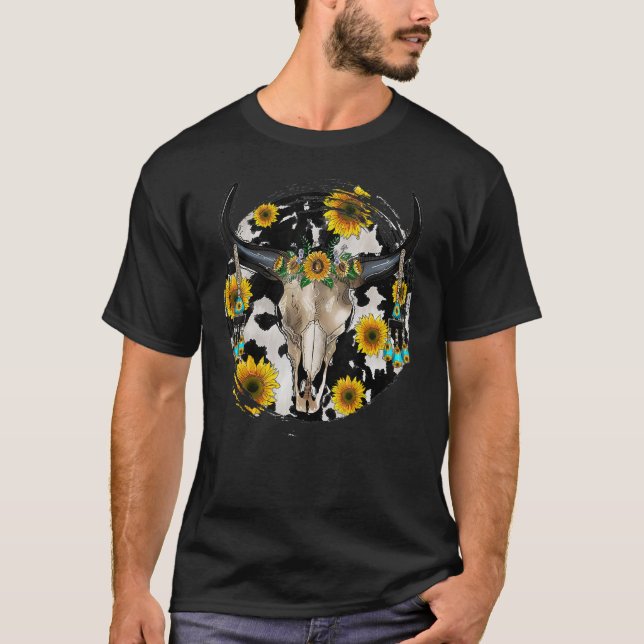 Bull Skull Leopard Cowhide Sunflower Western T-Shirt (Front)
