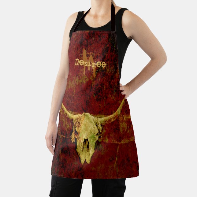 Bull Skull Monogram Western Country Brown Rustic Apron (Insitu)
