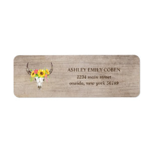 Bull Skull on Dark Wood with Sunflowers Address